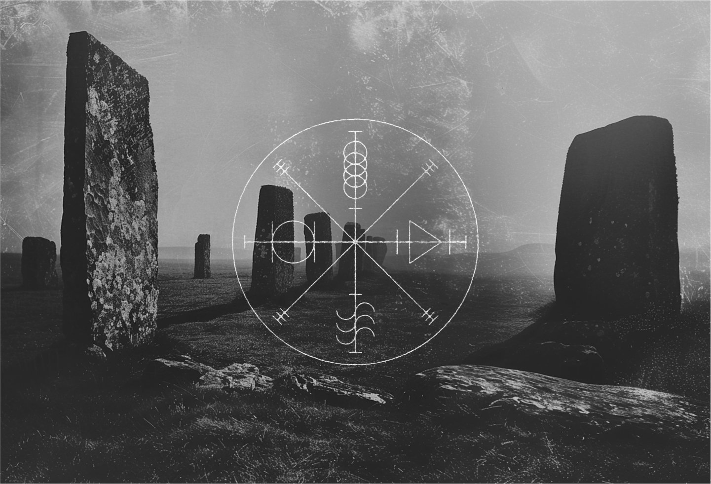 Black and white photo with film grain depicting a landscape with Stonehenge like rock monoliths, overlaid with a circular white graphic glyph.