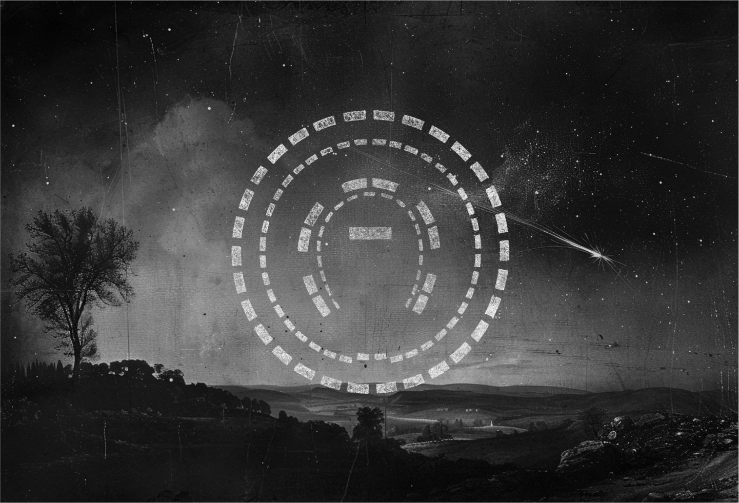 Black and white photo with film grain depicting a rural landscape with shooting star, overlaid with a white graphic schematic of stonehenge.